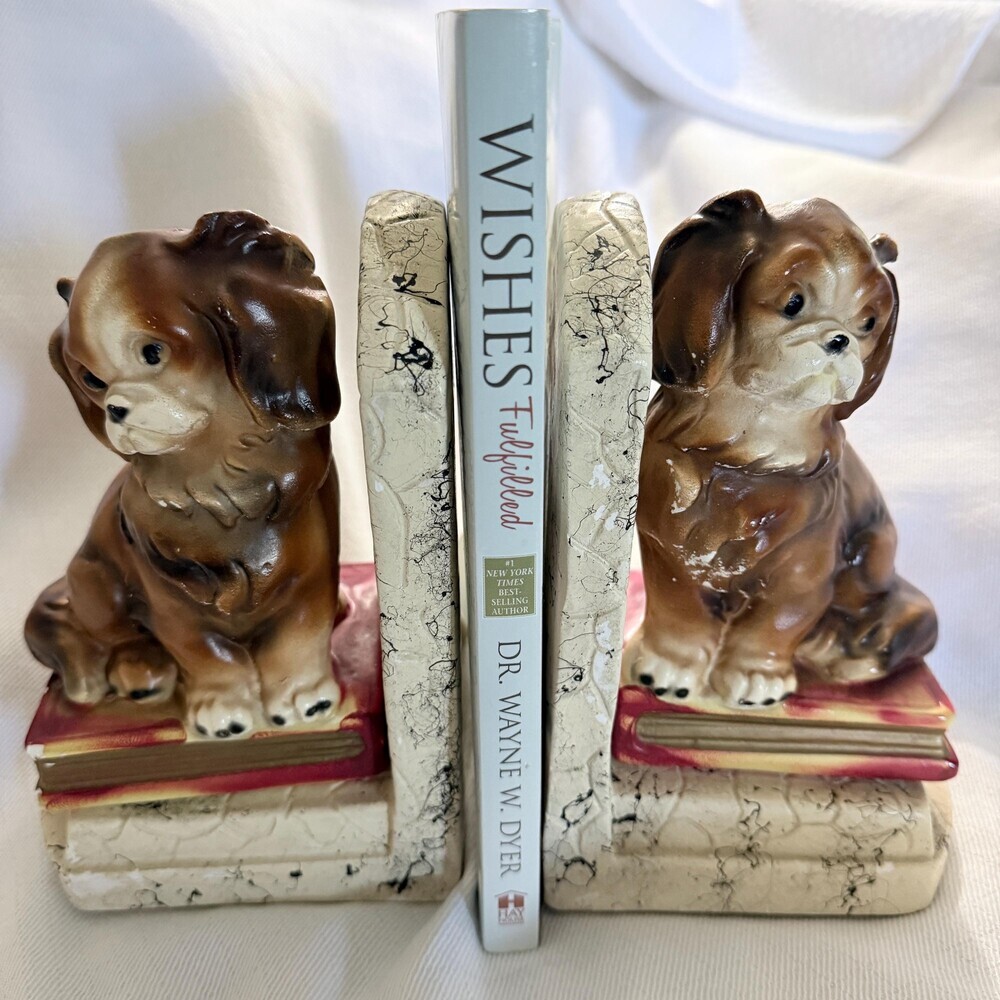 Vintage Mid-Century Spaniel Dog on Book Ceramic Bookends - Pair, Kitsch Library